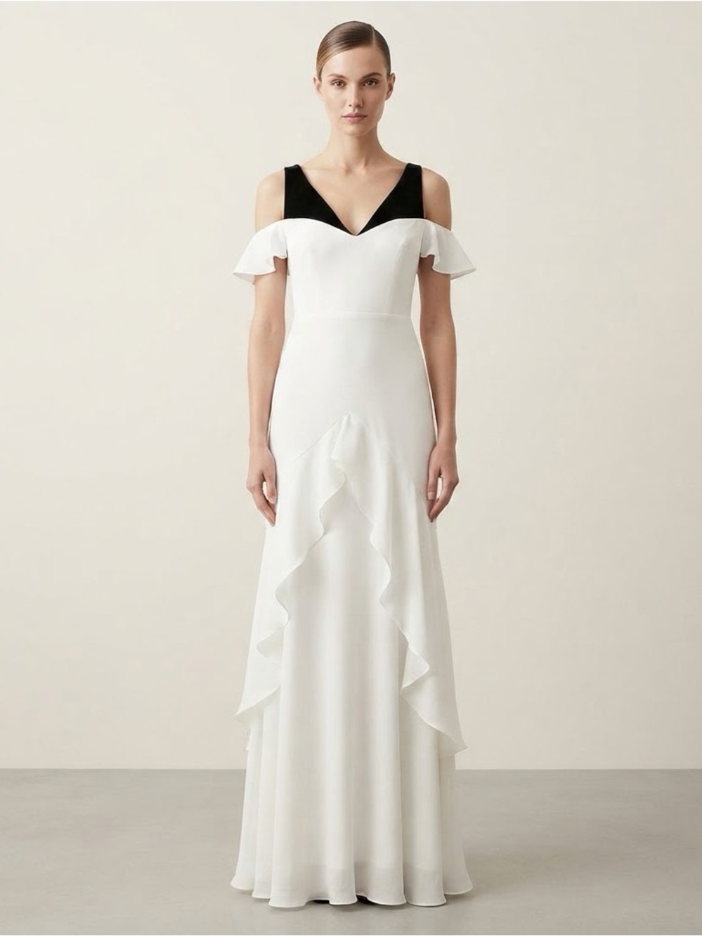 BCBGMAXAZRIA Pavel Gown Sz 4 Black White Off Shoulder Ruffle NWOT